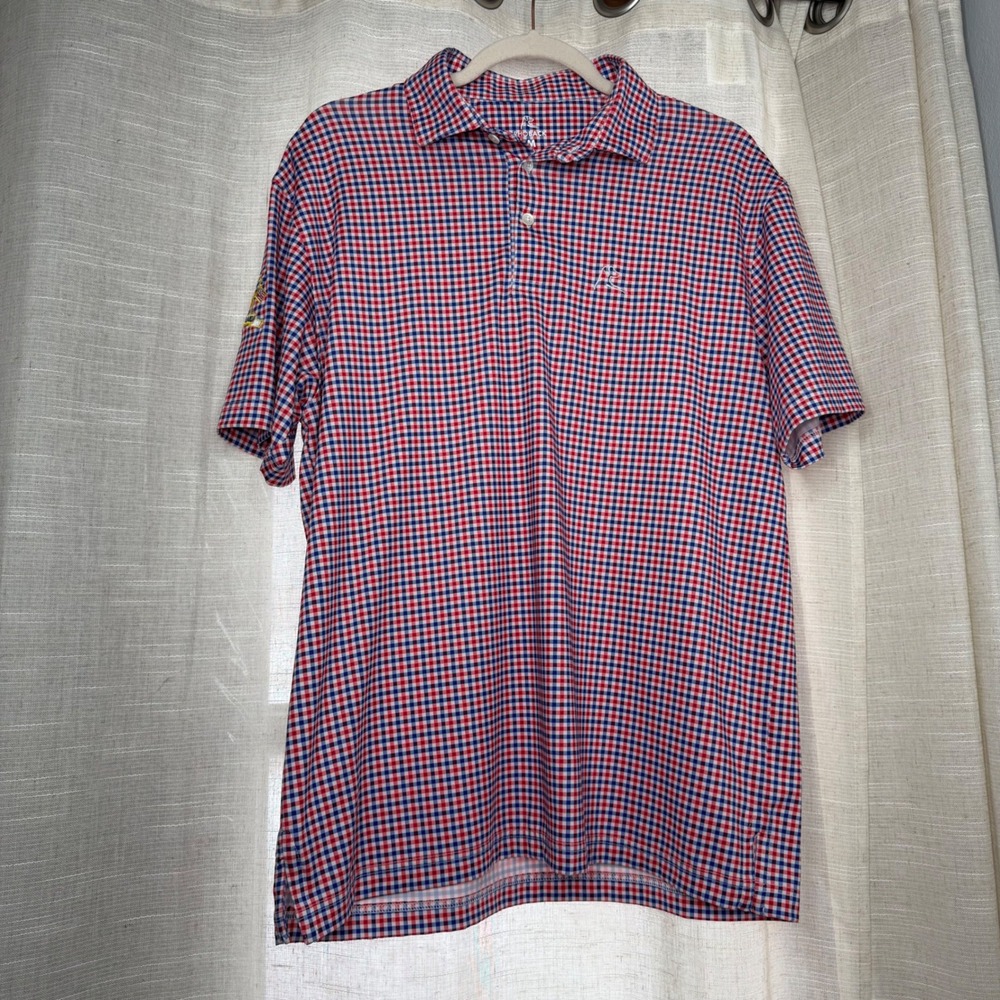 Rhoback The Patriot Performace Golf Polo Cyder Cup American Flag Gingham Plaid M